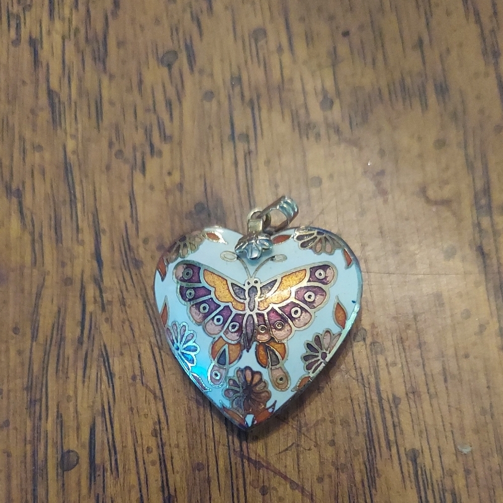 Vintage CLOISSONE Butterfly Heart Pendant